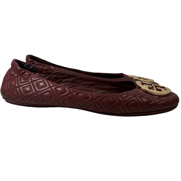 Tory Burch Maroon Quilted Minnie Nappa Leather Travel Ballet Flats Size 10 M - Picture 2 of 10